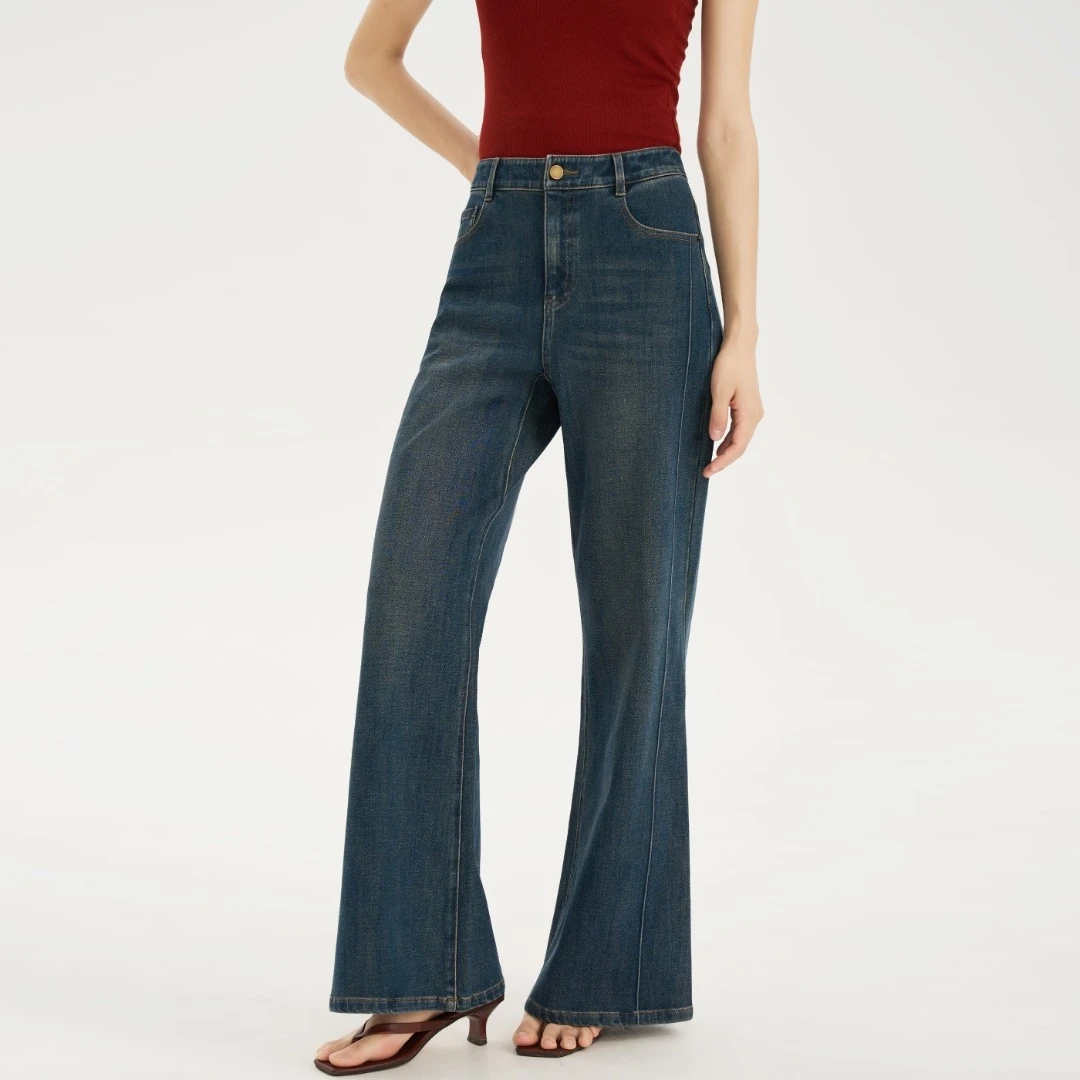 张小某秋装女款爆款干练气场女装四面弹直筒微喇拖地牛仔裤  1537