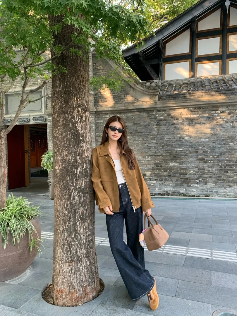 咖色美拉德麂皮绒外套女2025秋冬新款小个子美式复古拉链翻领夹克