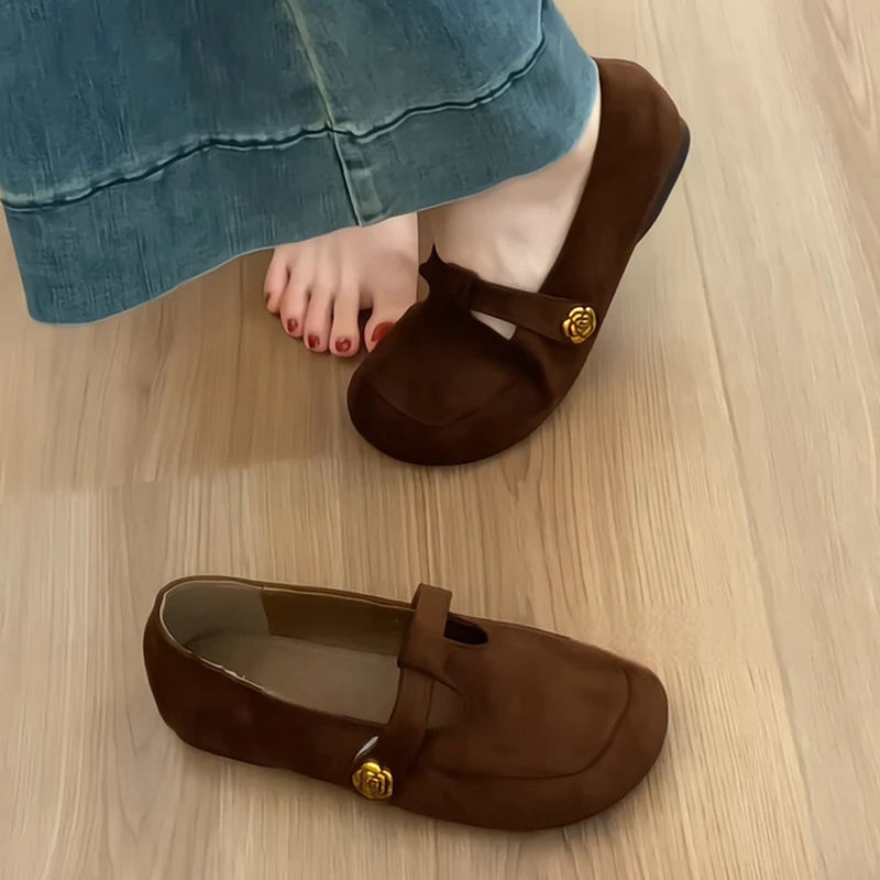 软皮版~复古绒面T字扣带小皮鞋女2025新款软底豆豆鞋方头浅口单鞋