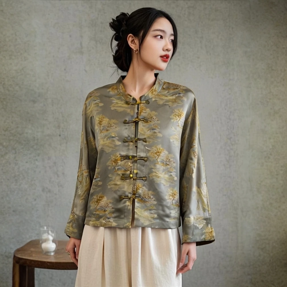 【金秋十月】2041新中式中国风女装上衣双面穿长袖气质黄色提花老料