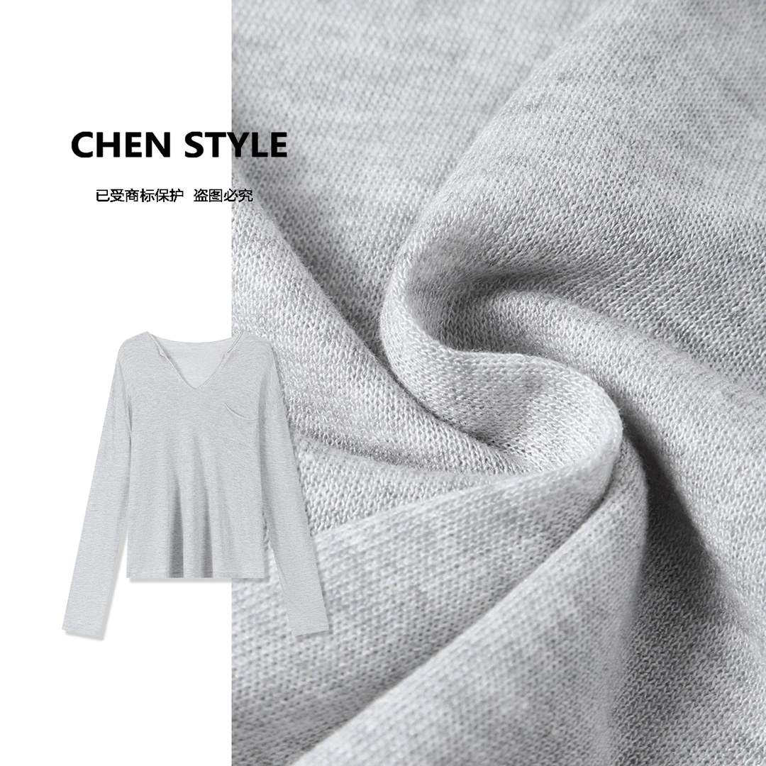 楚楚君~【慵懒随性】Y25183早春款V领口袋微透时尚百搭长袖T恤