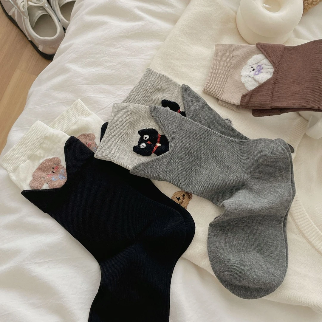 袜子女秋季假两件翻边可爱日系植绒卡通图长筒袜学院风堆堆中筒袜