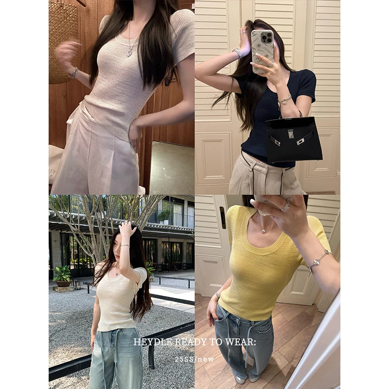 黑豆哼哼 自然韵律*大圆领针织短袖t恤女夏纯色独特漂亮修身上衣