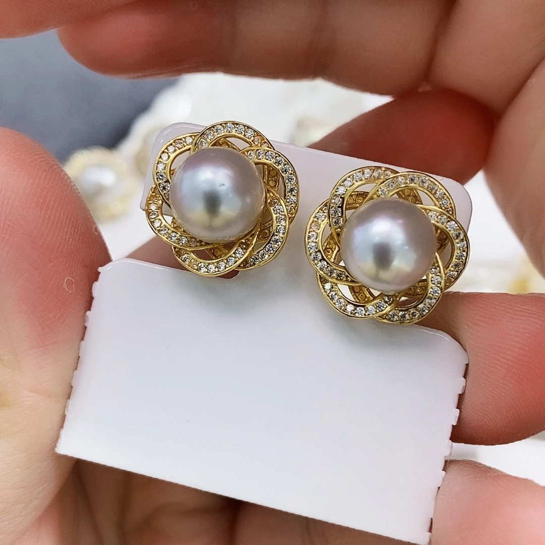 银S925镶嵌特价银蓝澳白耳饰9mm海水珍珠