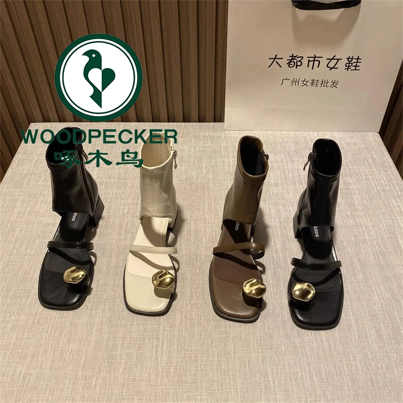 啄木鸟小众黑色凉鞋女2025年夏季新款粗跟凉靴镂空侧拉链套趾短靴