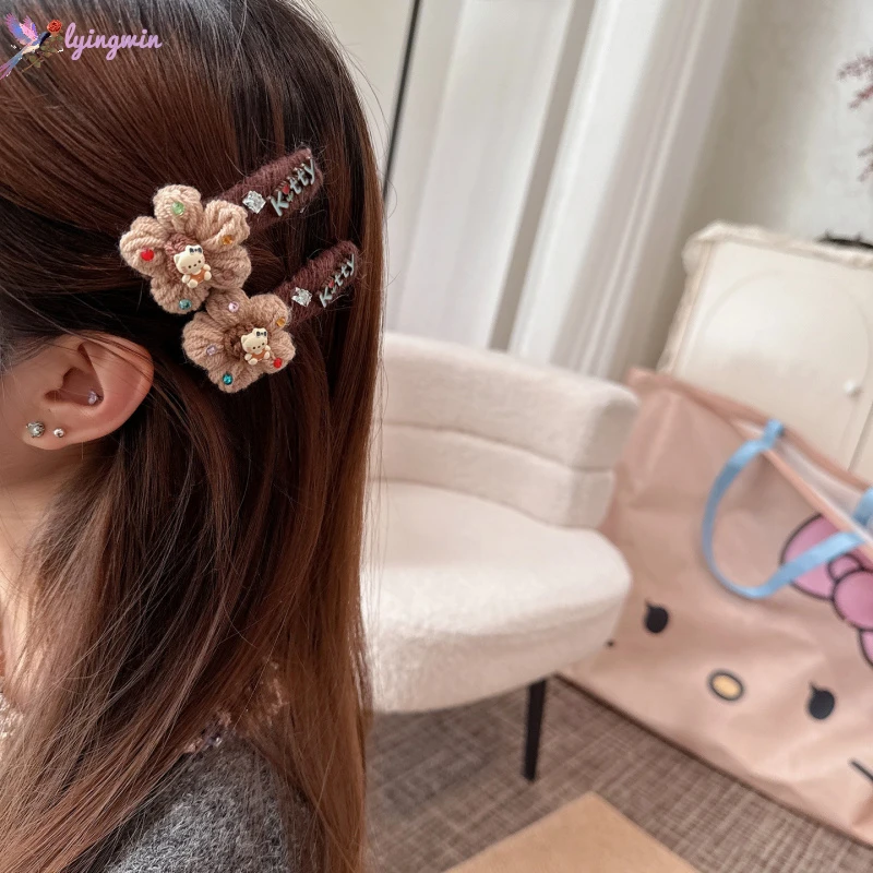 秋冬毛线花朵kt猫咪气质可爱甜美洋气侧边夹bb夹刘海碎发夹子发饰