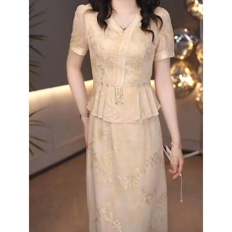 新中式刺绣显瘦冰晶丝连衣裙2025新款女装夏季奢华假两件套装裙子