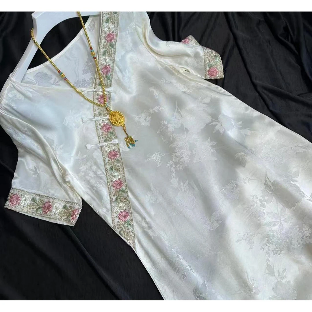 0186-汉服提花套头款短袖蓝色雏菊掐腰连衣裙女装中国风