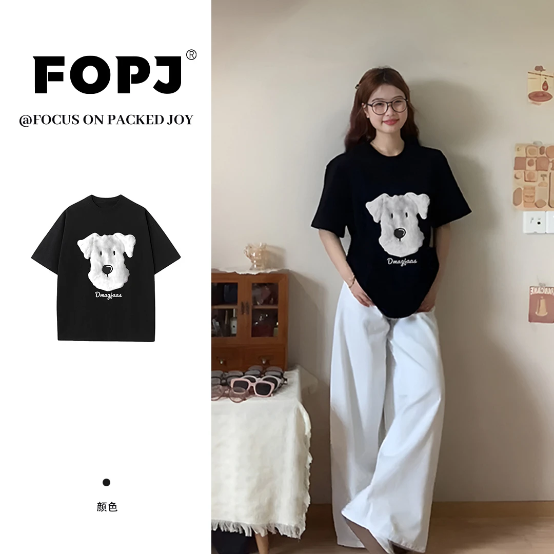 FOPJ夏季新款重磅纯棉卡通印花短袖T恤休闲百搭显瘦宽松圆领上衣