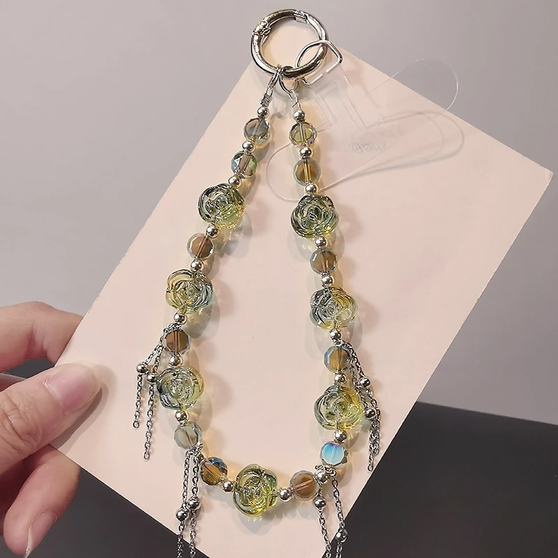 时尚轻奢玫瑰花朵水晶手机链短款手腕手提链流苏手机挂绳防丢挂件