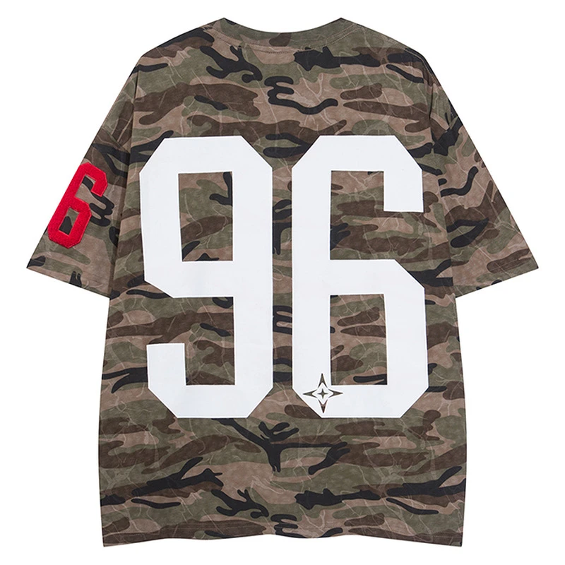 美式高街oversize宽松迷彩刺绣毛绒后背96号短袖T恤男女情侣半袖