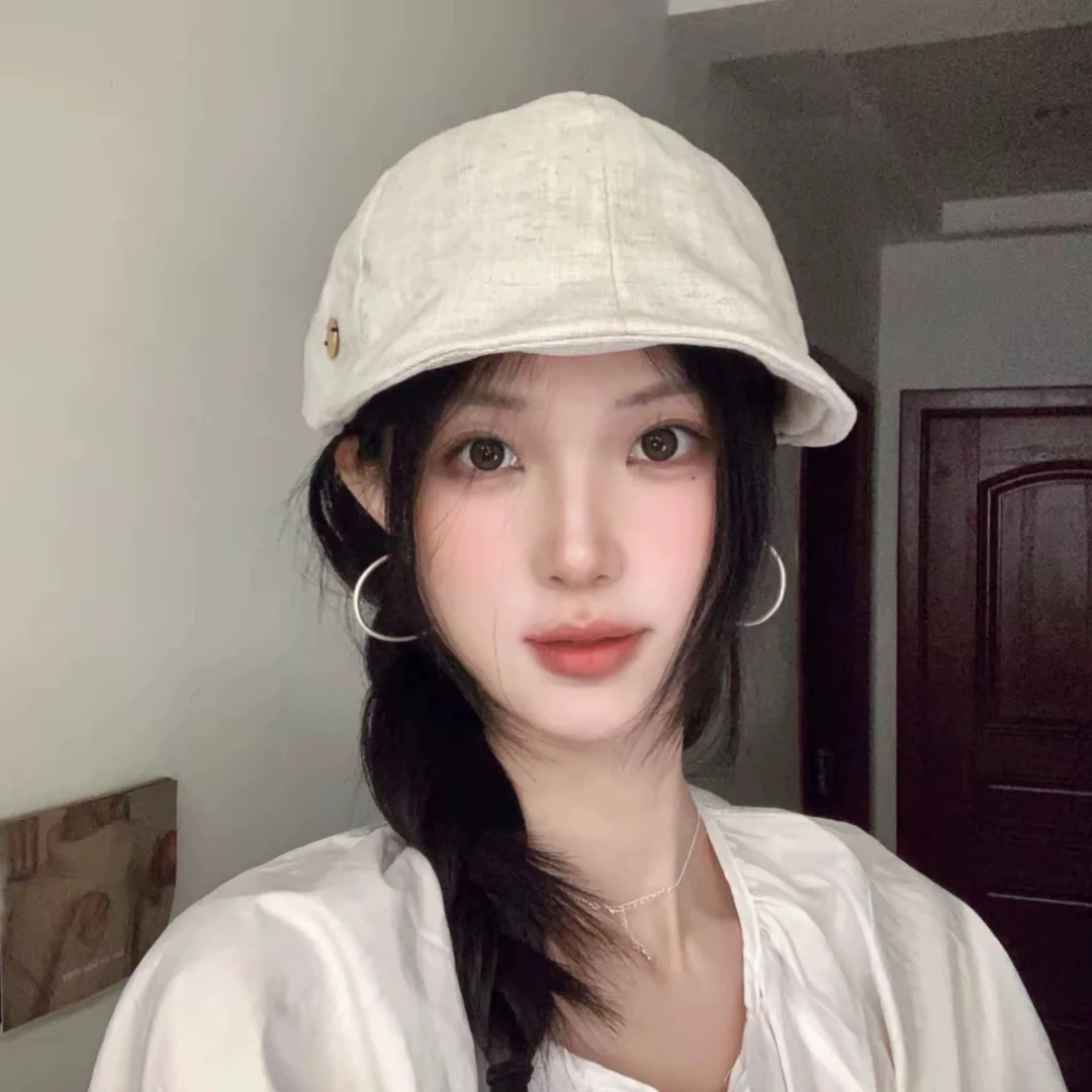 复古纯色棉麻鸭舌帽前进帽子女显脸小轻薄透气个性贝雷帽报童帽