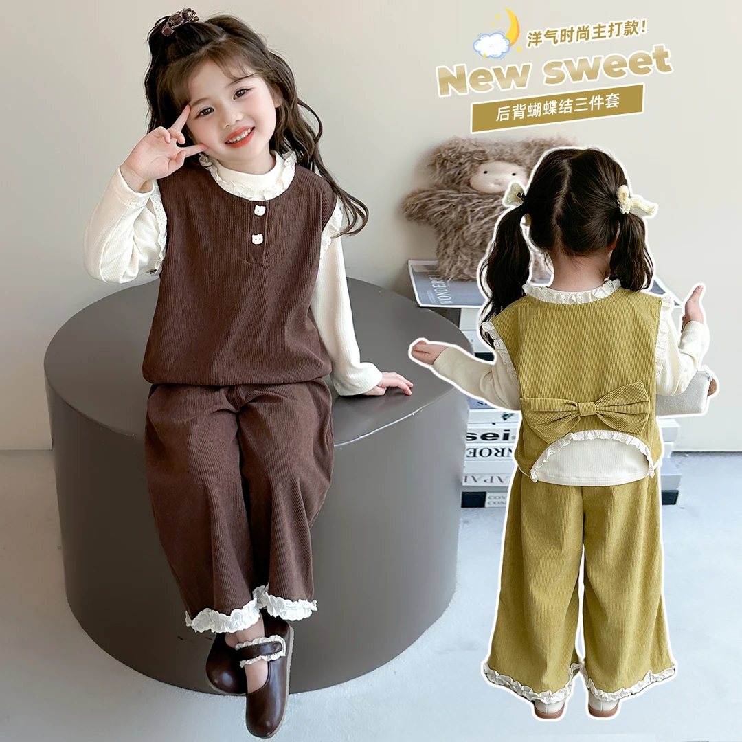女童春秋款套装2025新款儿童洋气时髦女宝宝秋季马甲三件套韩版潮