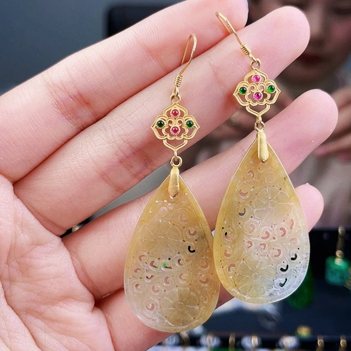 翡翠耳饰银S925镶嵌饰品