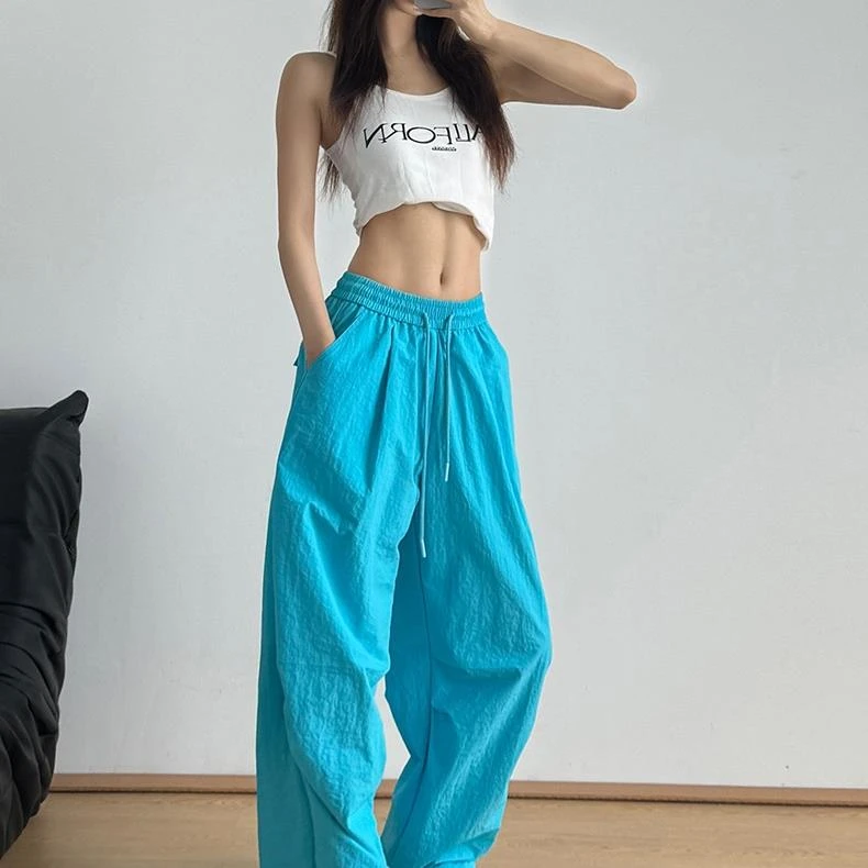 【网红炸街】湖蓝色复古伞兵工装裤女夏季2025新款美式辣妹薄款休