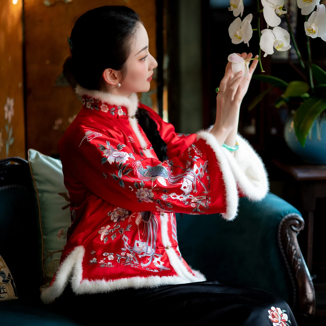 瑞凤丹华丨一城风絮丨红色真丝满绣花秋冬保暖水貂毛条清汉女袍褂