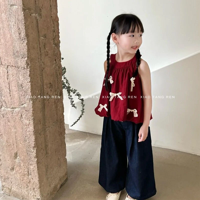女童夏季套装2025新款女宝宝甜美蝴蝶结挂脖背心洋气阔腿裤两件套