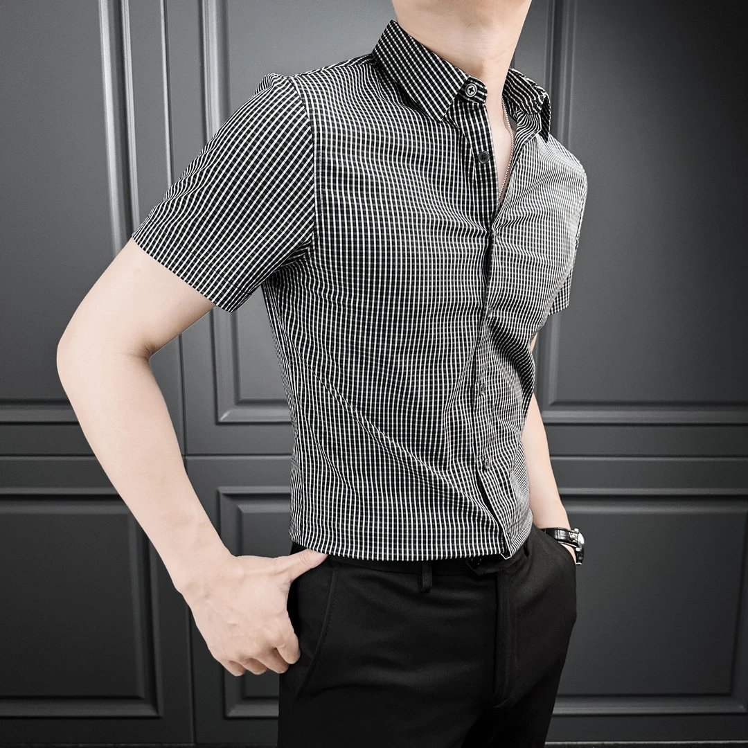 美式格子衬衣男短袖夏季薄款修身帅气男士商务衬衫爆款2025新款