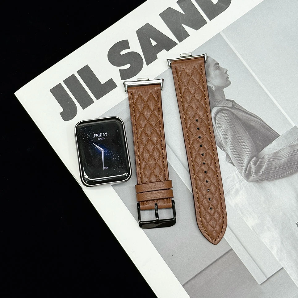 适用小米手环10pro表带8/9PRO菱格纹腕带红米6/5/4皮质轻奢手表带