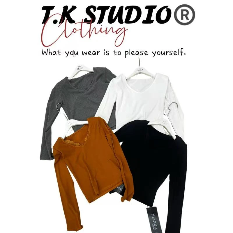 T.K<拼接蕾丝>简约V领长袖T恤打底衫显瘦内搭上衣！