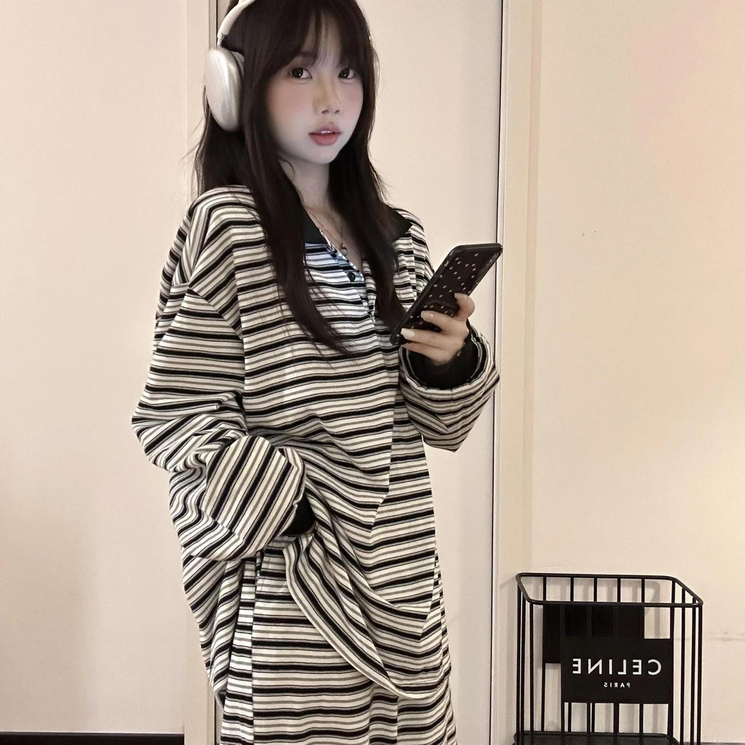 韩系黑白撞色条纹睡衣女秋冬宽松POLO衫领家居服套装
