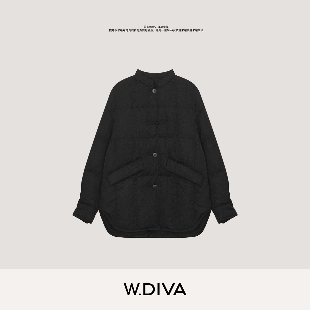W.Diva【墨域】桑蚕丝鹅绒黑色羽绒服新中式立领外套女54C202702