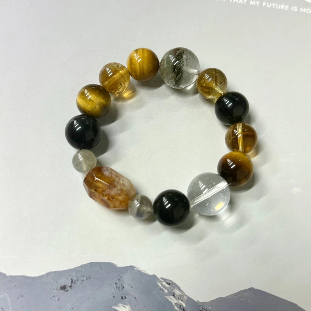 【GOLIFIR】天然黄塔晶虎眼石超七黑金曜水晶手链手串W121