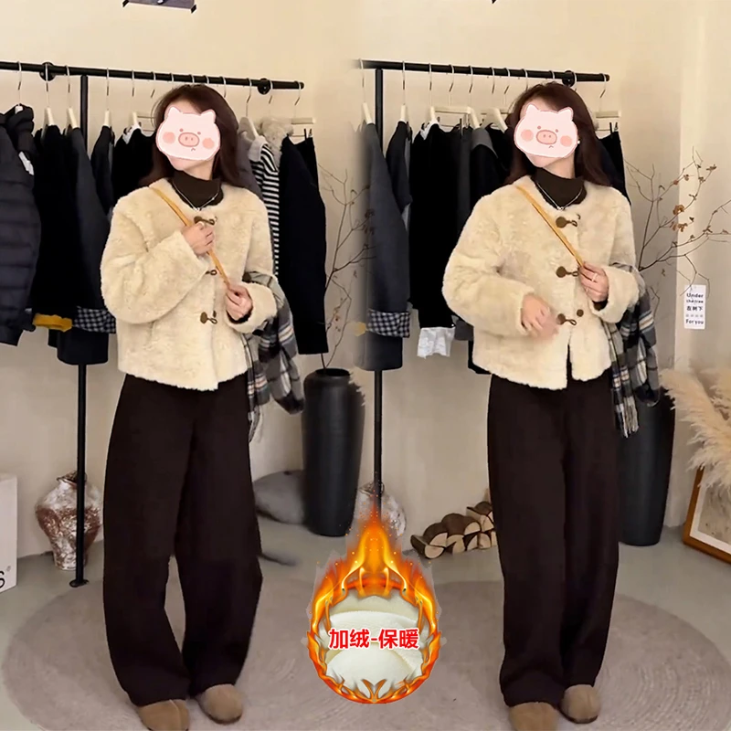 秋冬爆款韩版网红气质小香风短款外套高腰阔腿加绒休闲裤两件套女