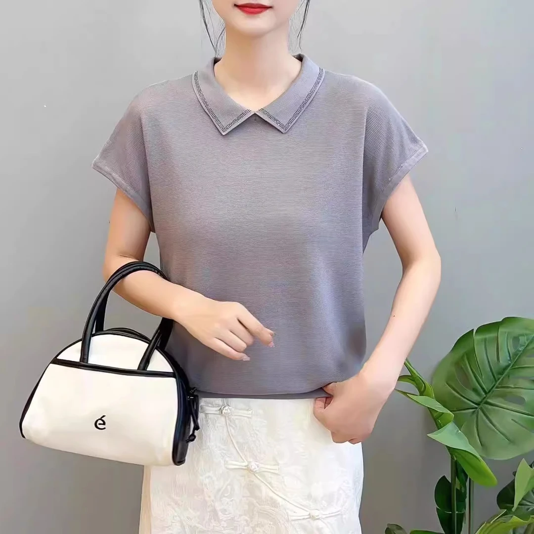 【冰川灰】夏季女士方领短袖上衣亲肤柔洋气体恤衫气质百搭
