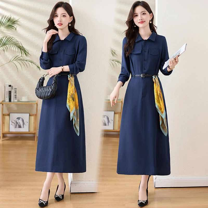 衬衫连衣裙女中长款2025秋季新款高级感气质通勤长袖收腰洋气裙子
