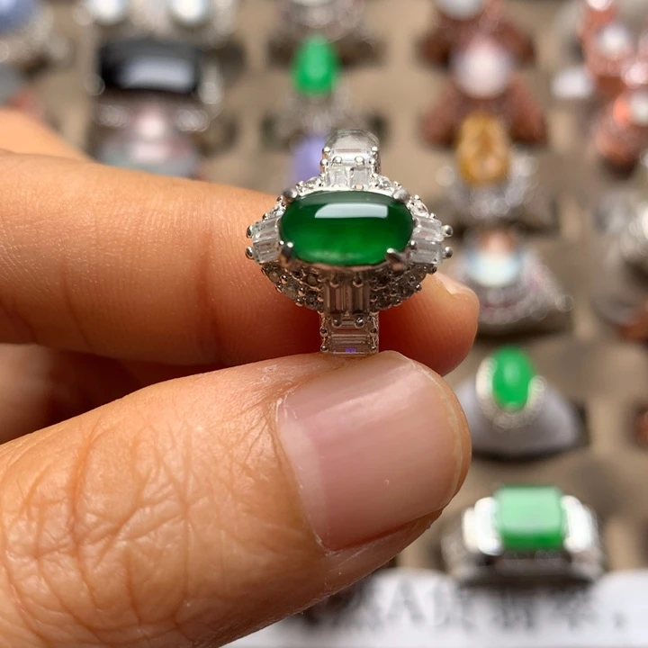 翡翠合金戒指翡翠高冰蓝绿戒面