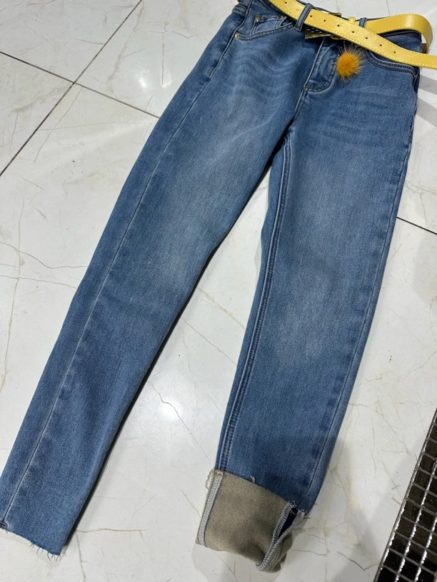 不配皮带深蓝色牛仔小脚裤女欧货2024冬装新款高腰弹力加绒显瘦