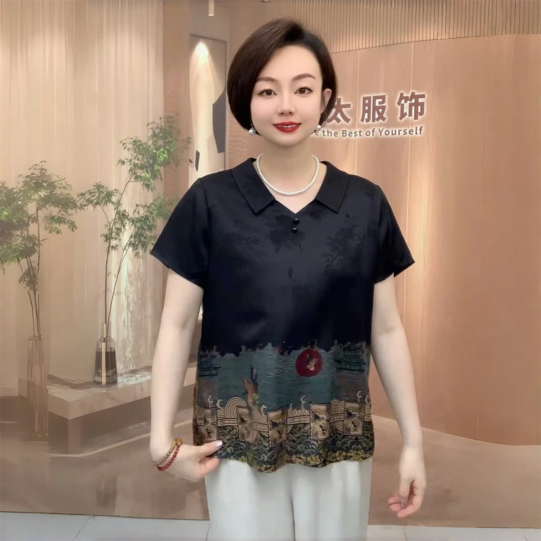新中式时尚妈妈装夏季新款高贵衬衫中老年短袖娃娃领减龄上衣小衫