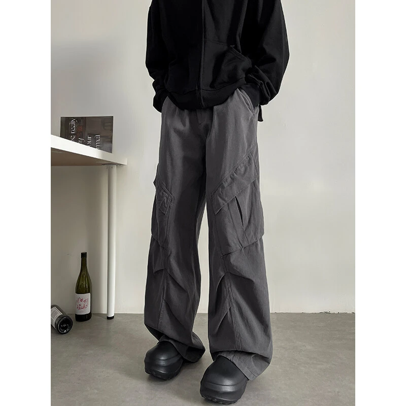 BJUI美式高街工装阔腿休闲长裤百搭大口袋直筒宽松裤街头水洗复古