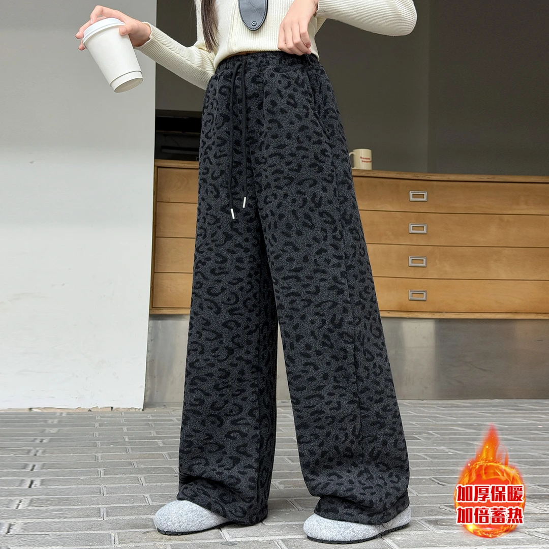 女童加绒豹纹裤冬款网红女大童加厚直筒裤2025新款儿童冬季休闲裤