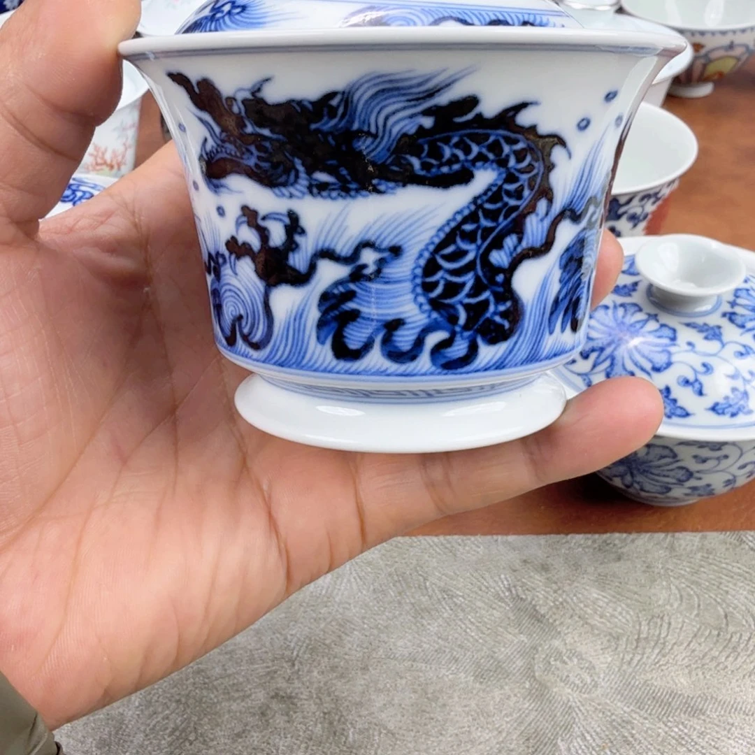 摆件陶福利青花元龙盖碗