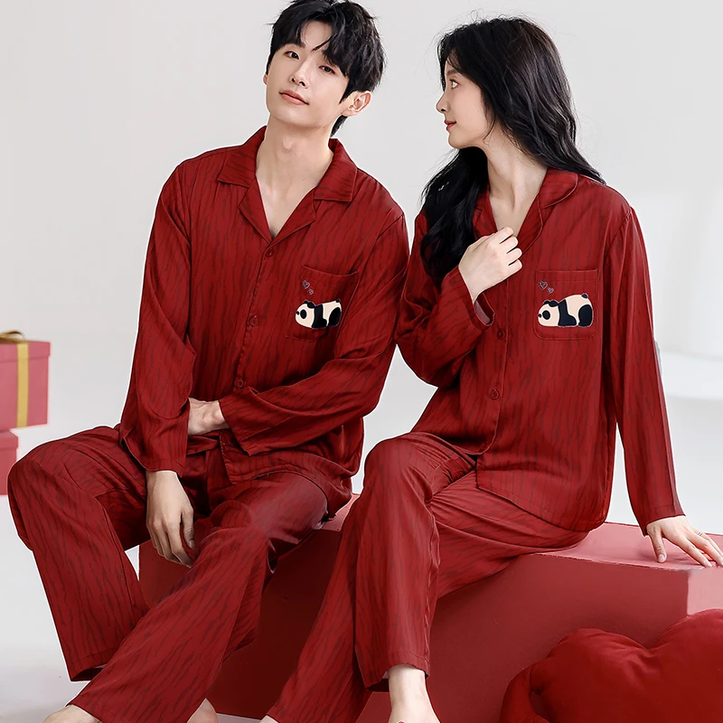 芬腾可安结婚情侣新款春秋红色高级感冰丝长袖薄款睡衣喜庆家居服