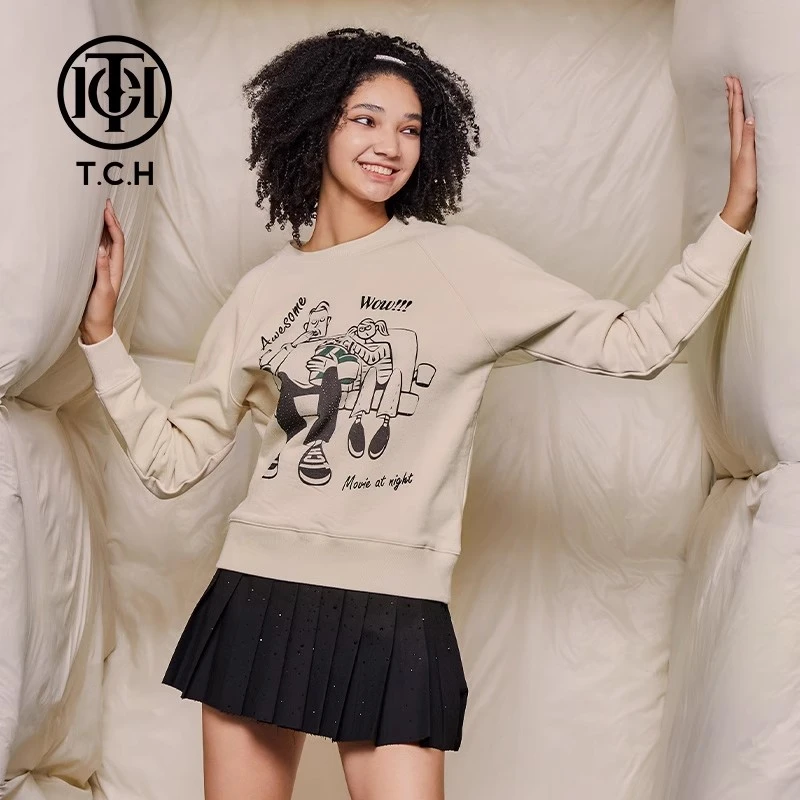 (现货）TCH轻奢卡通米色烫钻宽松休闲圆领情侣款卫衣T69C116046