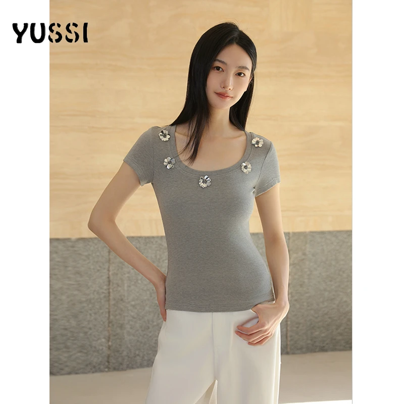 YUSSI 【柔珠小姐】手工定位花朵T恤修身显瘦纯色夏季短袖250114