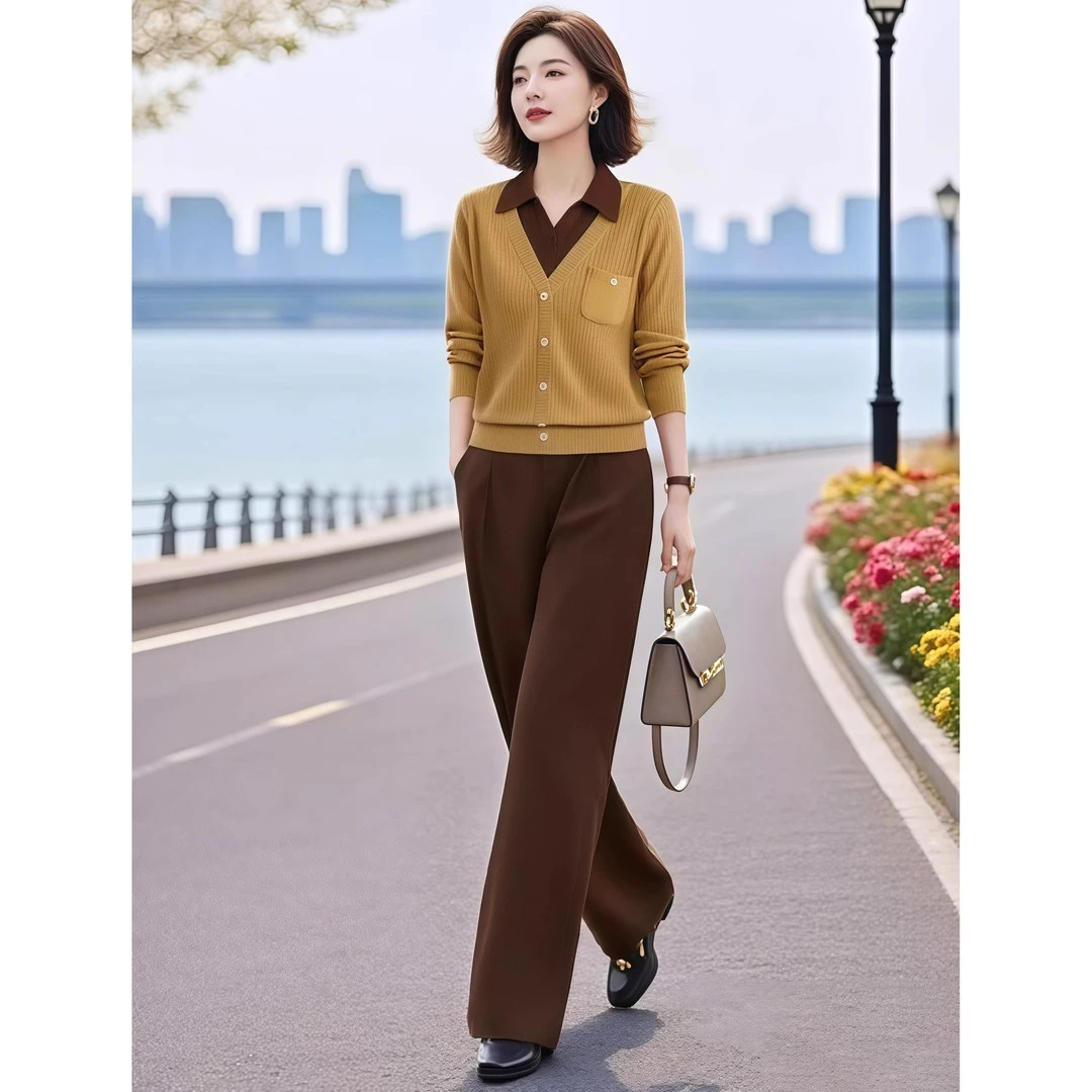 2025秋新款女装翻领假两件针织衫+半松紧腰九分裤套装百搭时尚