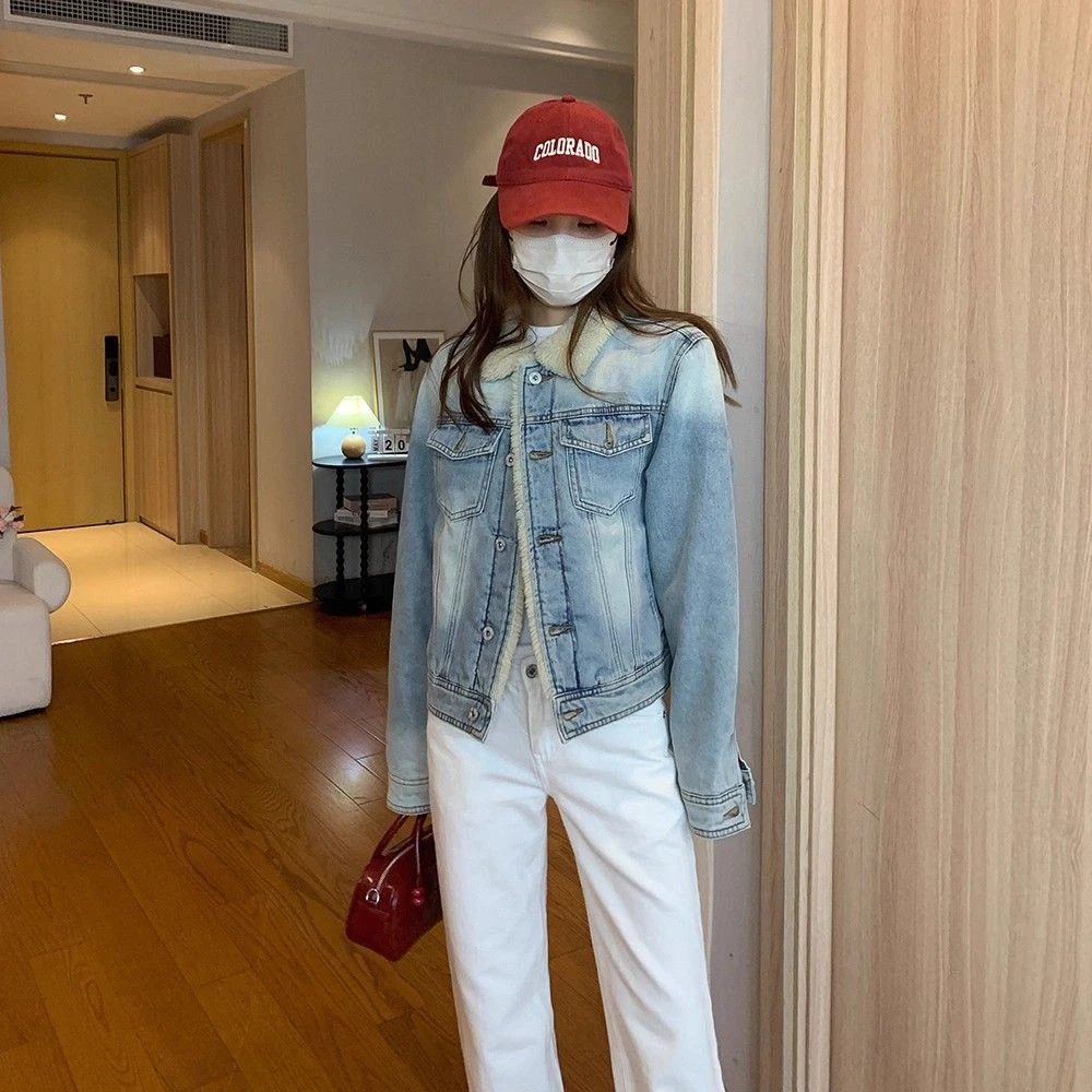 毛绒新款夹棉牛仔水洗复古棉服女2025冬季通勤百搭外穿夹克外套潮