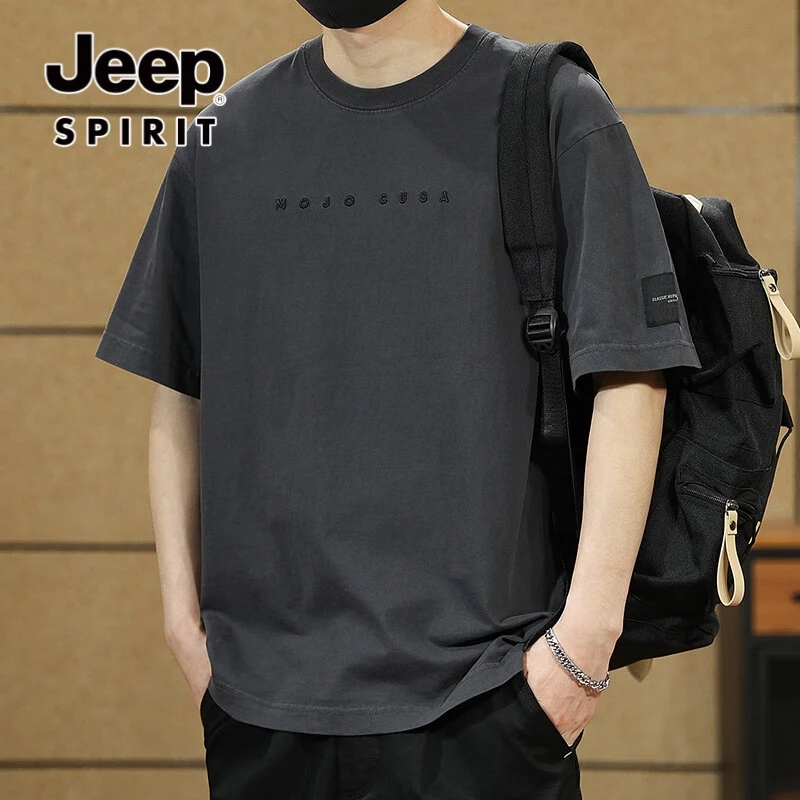 JEEPSPIRIT吉普美式重磅短袖T恤潮牌大码印花T恤男士纯棉圆领体恤