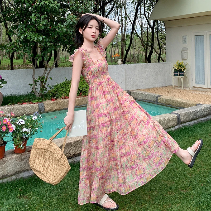 实拍显高显瘦中长款A字裙子2025年夏装新款碎花印花甜美连衣裙女