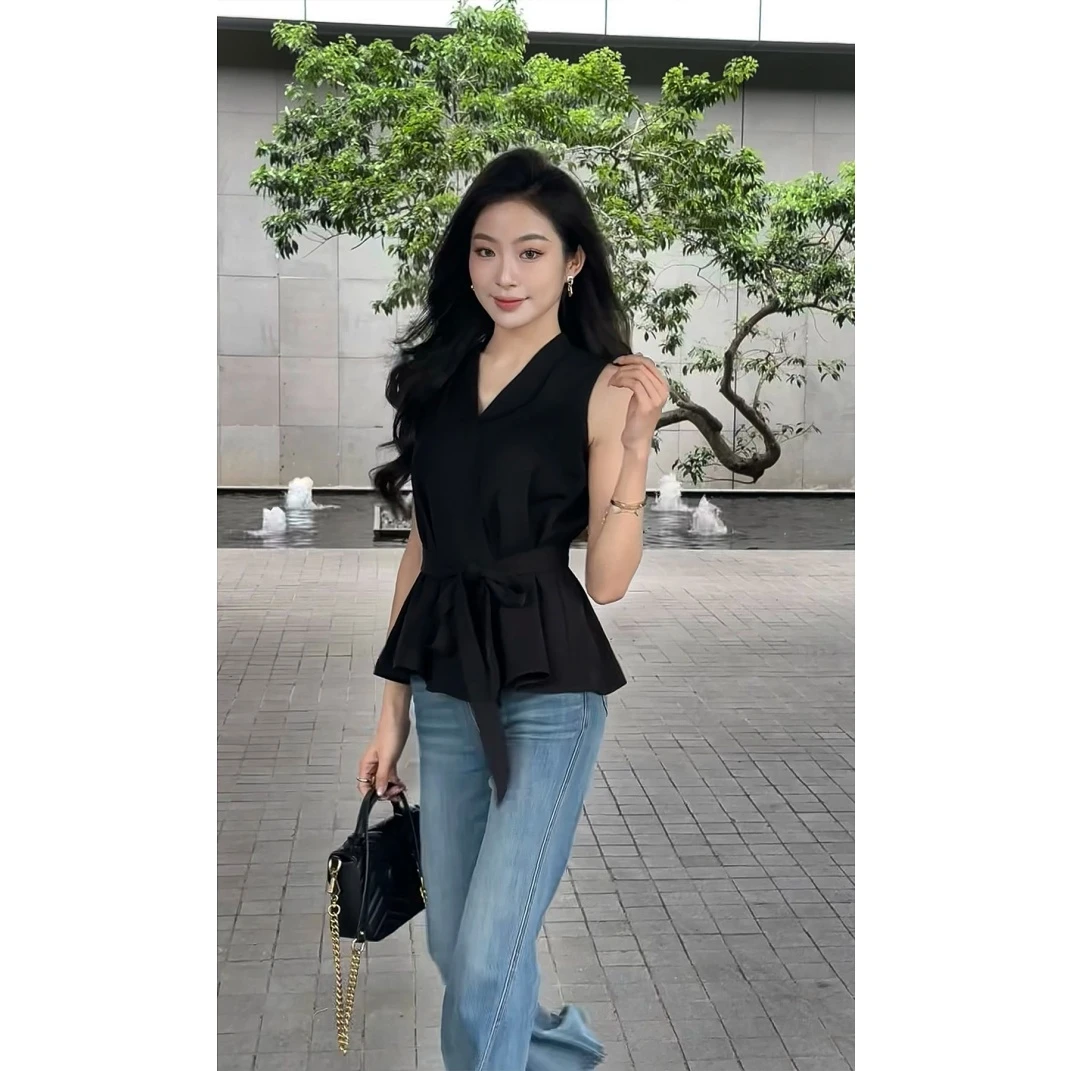 MUMU【复古浪潮】气质V领绑带设计感修身显瘦高级感衬衫背心