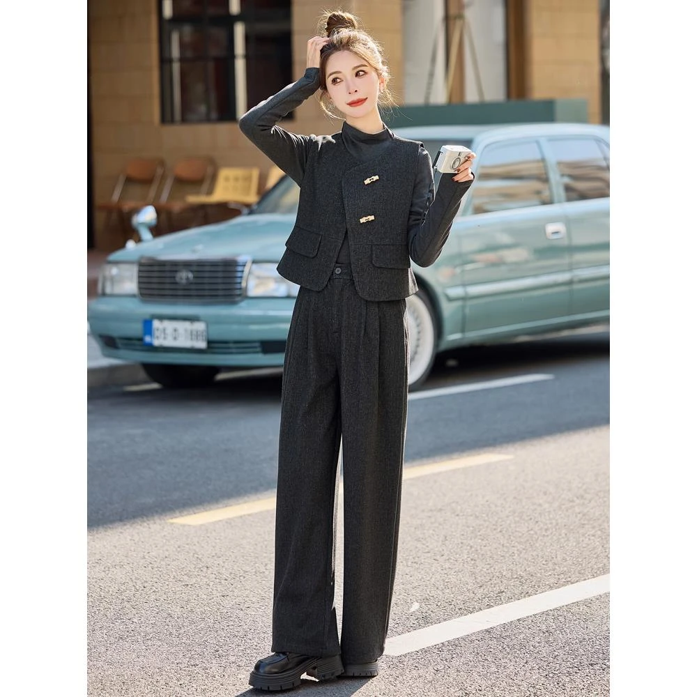 小香风套装2025春新款高级感新中式减龄西装马甲阔腿裤穿搭一整套