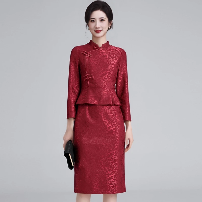 喜婆婆喜妈妈婚宴礼服国风荷叶边旗袍婚庆假两件连衣裙高档民族风