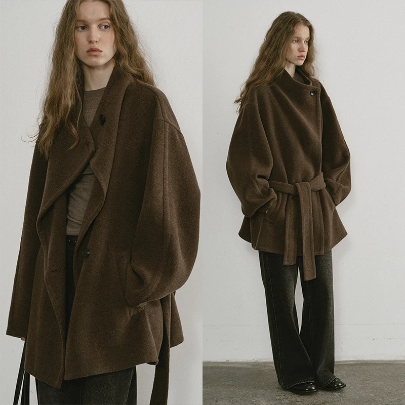 popchrio◆羊绒蚕丝松弛感低腰羊毛双面呢大衣小个子短款毛呢外套2