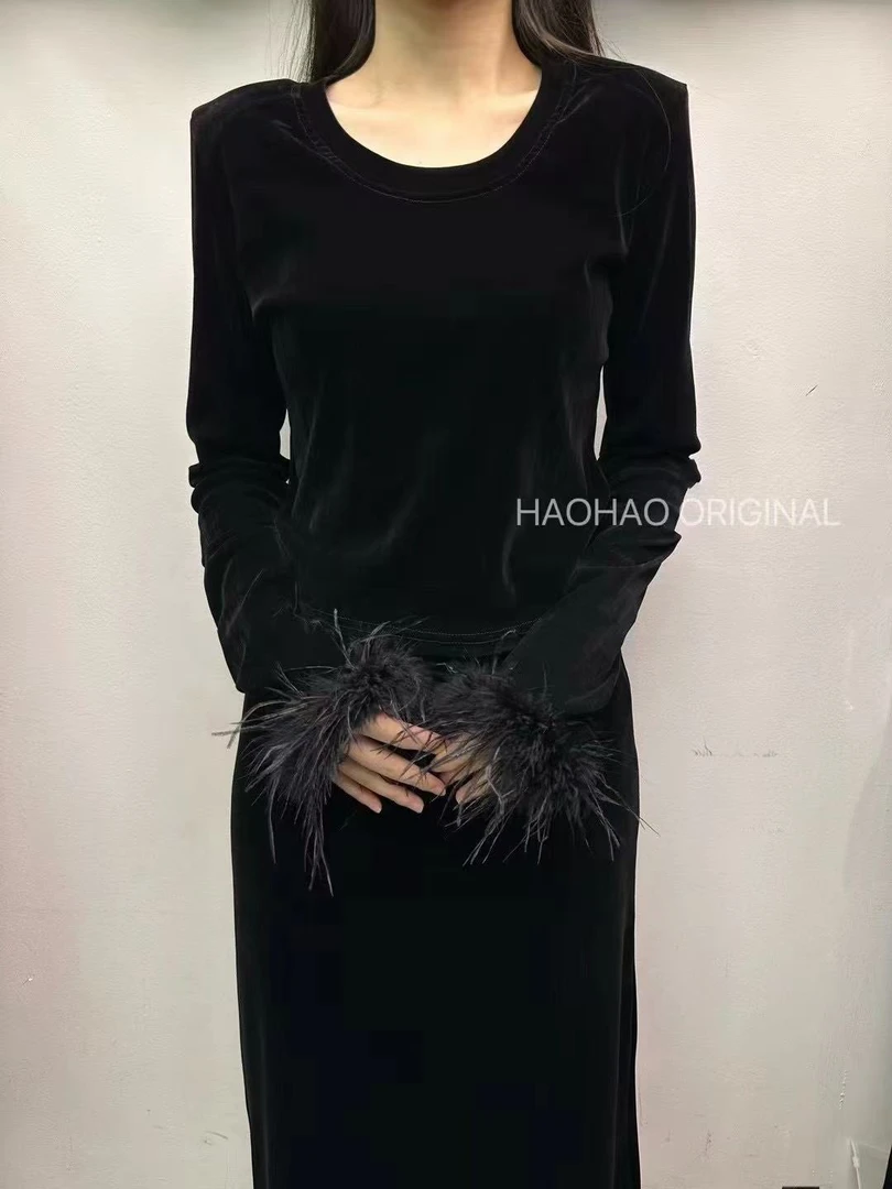 韩版设计感小众圆领长袖丝绒上衣女毛毛袖口内搭打底衫小衫029