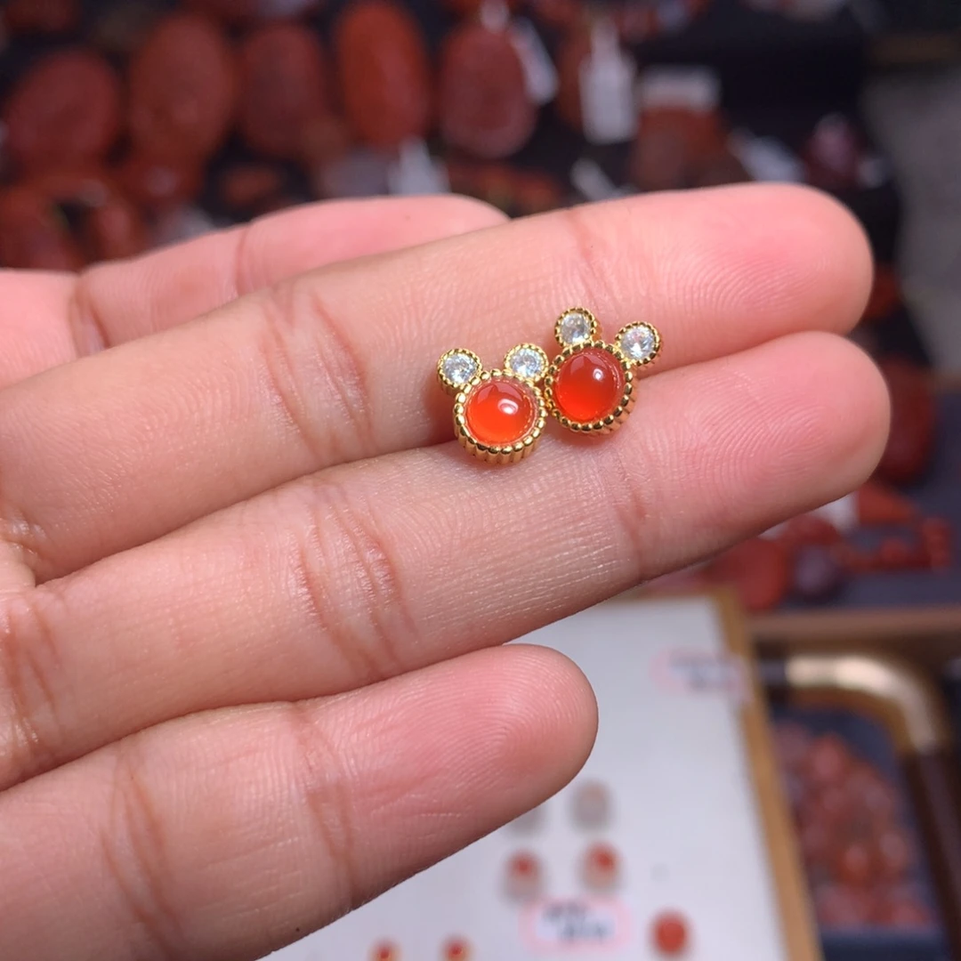 南红玛瑙未镶嵌珠宝半成品米奇耳钉