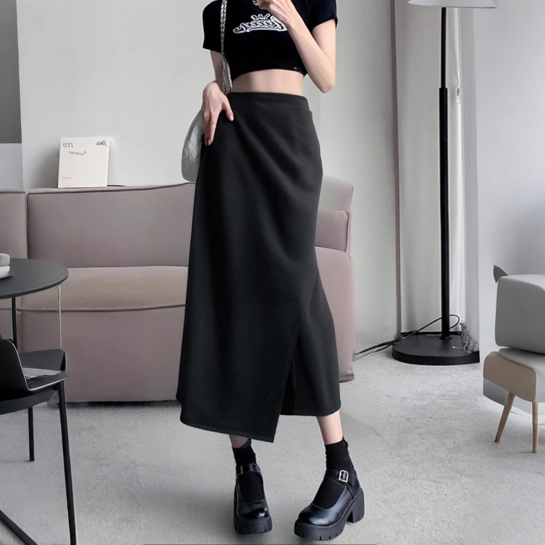 A高腰不规则开叉褶皱包臀裙小个子气质显瘦洋气直筒半身裙女2854